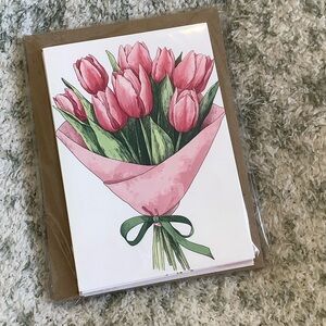 Pink Tulips Flower Bouquet  Watercolor Art Note Cards Set of Six NWT Variety Pk